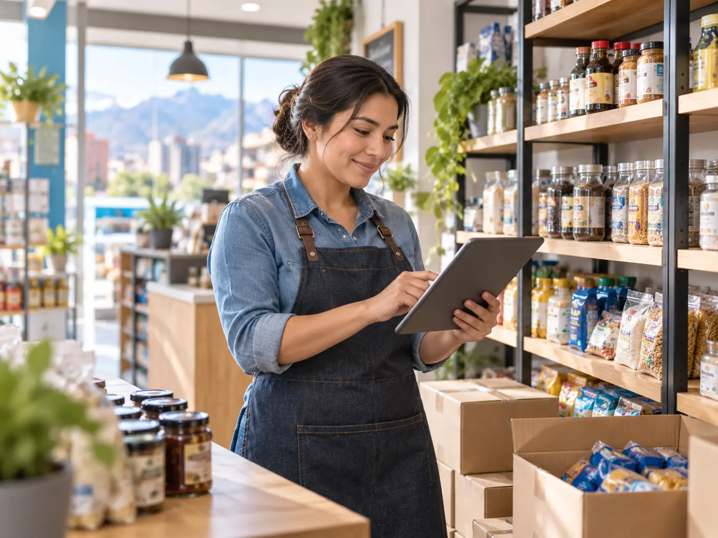 Una encargada revisa el inventario en una tienda organizada